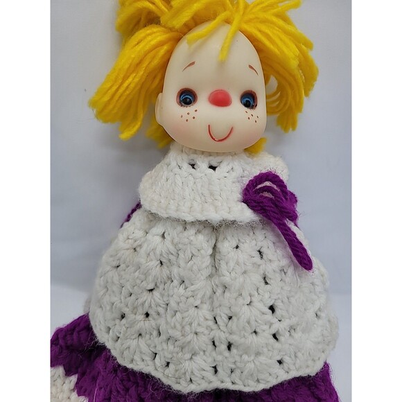Doll  Handmade Crochet Duster Cover Purple Yarn Soft Face 14" Cottage Core - Picture 4 of 16